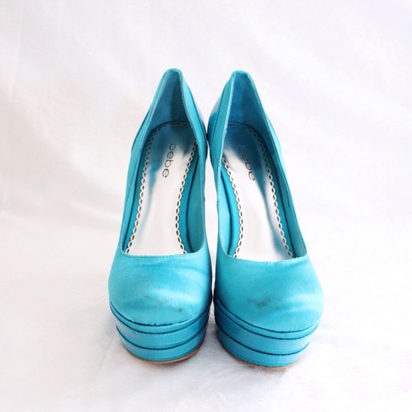 Bebe Sky Blue Satin Platform Heels - Picture 3 of 8